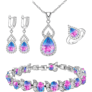 Women Jewelry Set Platinum Plated Necklace Open Ring Earrings Bracelet Set