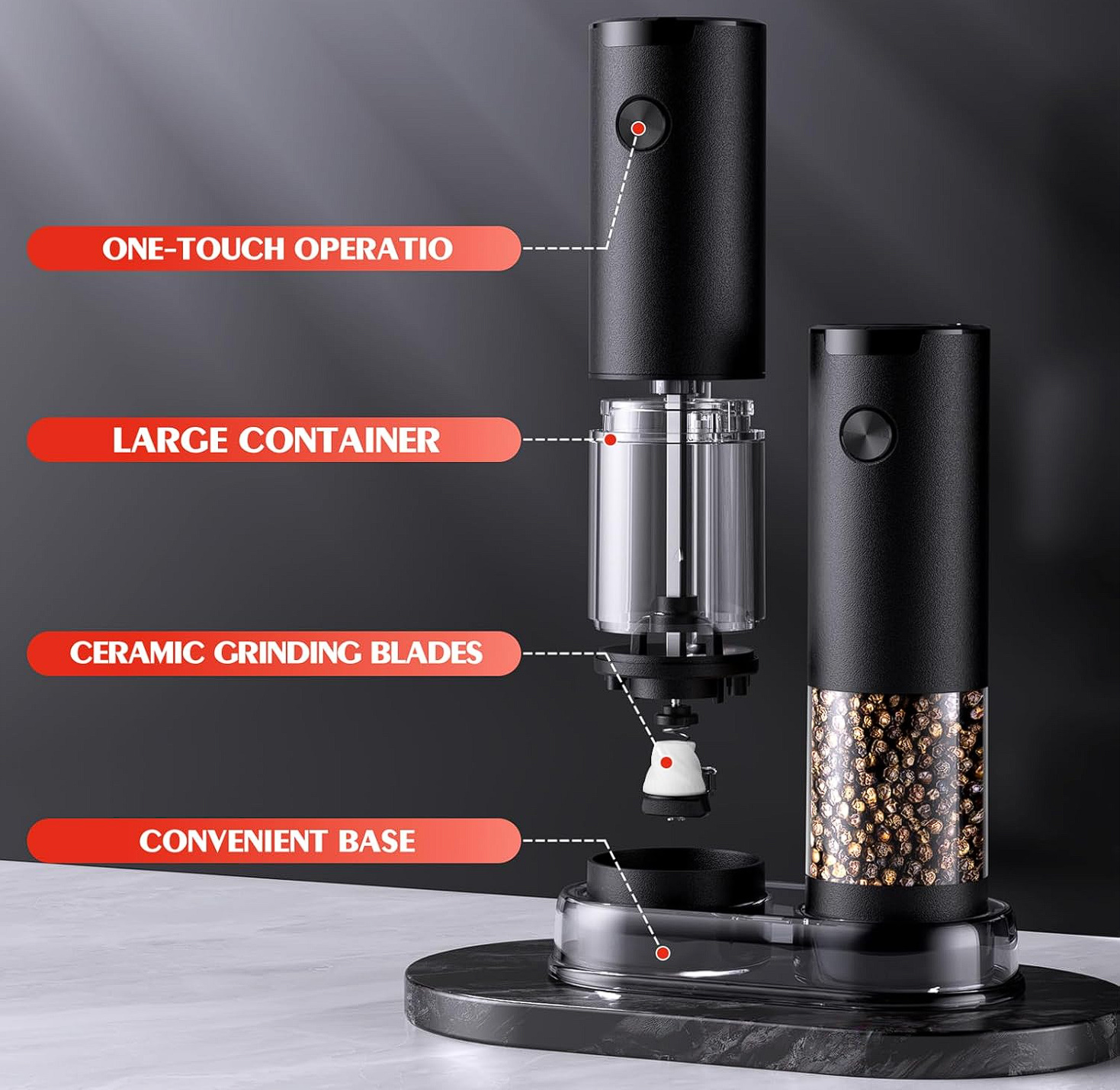 Salt & Pepper Electric Grinder Set, Automatic Battery with Led | TrabsEnterprises Salt & Pepper Electric Grinder Set, Automatic Battery with Led - Image 4